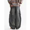Jeans masculino moderno estilo americano, com múltiplos bolsos e pernas curvas, estilo retrô high-street, corte solto, versátil, casual, pernas largas, calça de trabalho