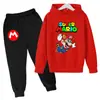 Sudadera con Estampado de Dibujos Animados Mario 2025 para Niños, Conjunto de Manga Larga, Primavera, Niños y Niñas, 2 Piezas Pantalón + Sudadera con Capucha