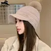 Boné de Baseball de Tricô com Pelo de Coelho de Inverno Estilo Coreano para Mulheres, Forrado com Fleece, Espessado, Quente, com Pompom e Logo Metálico, Gorro de Tricô que Afina o Rosto