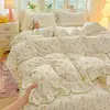 Conjunto de Colcha de Renda 100% Algodão, Conjunto de Cama de Quatro Peças, Lençol e Capa de Edredom de Algodão Puro Floral Fresco para Todas as Estações, Conjunto de Três Peças Princesa