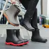 Botas de lluvia estilo coreano de caña media-corta, botas de lluvia de suela acanalada antideslizante gris, botas a prueba de viento estilo jinete, botas de agua negras sin cordones