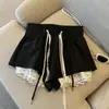 Calças Pretas de Cintura Elástica com Cordão e Perna Larga para Mulheres, Shorts de Verão com Renda em Patchwork de Cintura Alta em Linha A para Figuras Baixas, Calças Casuais