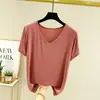 Camiseta base de modal estilo coreano para mulheres, corte solto, plus size, manga curta, adequada para usar em camadas, nova blusa primavera/verão, camiseta lisa, camiseta com decote V
