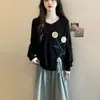 Suéter estilo outono, de frente aberta, com um toque relaxado e sofisticado, apresentando padrões florais tridimensionais, corte amplo e efeito emagrecedor.