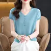 Blusas de Manga Corta de Seda de Hielo para Mujer, Nuevo Estilo Veraniego, Camisetas de Punto de Color Sólido con Cuello en V, Blusas Finas, Camisetas Cortas Casuales Versátiles
