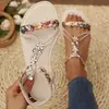 Sandalias finas de tiras con estampado estilo vintage para mujer con adornos de pedrería floral tridimensional, sandalias planas casuales de punta abierta para exteriores para mujer, talla europea