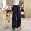 Calça Wide Leg de Linho Tencel Azul Marinho para Mulheres, Verão 2026 Fina Antirrugas Fluida Respirável de Perna Reta Comprimento Total