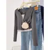 Camisa Base de Manga Larga Crop Top para Mujer, Patchwork de Bloques de Color, Falso Dos Piezas, Cuello en V, Hombro Normal, Primavera 2026, Corte Ajustado, Favorecedor