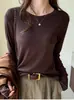 Top de manga larga de color liso para mujer para primavera y otoño, hecho de Tencel y lana, corte ajustado, favorecedor, versátil, cuello redondo, fino
