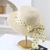 Chapéu de Palha com Aba Plana, Estampa de Bolinhas, Cadarço com Laço de Fita, Proteção Solar para Mulheres, Verão, Litoral, Praia