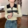 [Qualidade Tmall] Elegante suéter de malha com zíper, gola polo color block e mangas compridas para mulheres, novo estilo outono slim fit