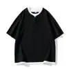Camiseta de Manga Corta Waffle con Costuras Falsas de Dos Piezas Cuello en V para Hombre Verano 2025 Moda Nueva Marca Estilo Coreano Holgado Casual