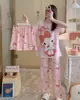 Conjunto de Tres Piezas para Niñas de Verano: Top de Manga Corta, Shorts y Pantalones Largos, Imitación Algodón Seda de Leche, Conjunto de Ropa de Casa de Dibujos Animados, Empaquetado para Venta Transfronteriza