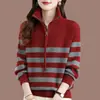 Suéter de punto a rayas con cremallera estilo coreano transfronterizo, nuevo otoño e invierno, bloques de color vintage, corte holgado, adelgazante, jersey casual