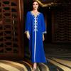 Vestido de cuello en V con mangas y borlas de cuentas, hecho a mano, color azul real y perla, disponible en stock. Ropa para mujer.