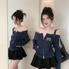 Sudadera Cardigan de un Hombro con Cremallera Estilo Chica Caliente Americana para Mujer Primavera y Otoño Corta Ajustada Hombro Descubierto Manga Larga Top Tendencia