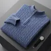 Suéter nuevo de otoño e invierno 100% lana pura para hombre, cuello semi-alto, jersey grueso, tejido de ochos, suéter base de lana