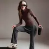 Conjunto de Pilates suave y cálido al tacto de la piel, top con cremallera moldeador, pantalón de falda acampanada de dos piezas falsas con cordón lateral, conjunto de dos piezas