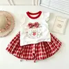Conjunto de Duas Peças para Meninas: Camiseta de Verão Doce com Manga Bufante e Saia Tulipa Xadrez, Estilo Coreano, Doce, Fofo, para Bebê, Roupa Infantil Estilosa