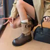 Botines de tacón grueso con hebilla para mujer, botas de montar de otoño, caña ancha 2026, empalmado, marrón claro, retro americano
