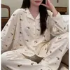 Conjunto de pijama para mujer de manga larga y pantalón largo, de algodón suave tipo anti-bolitas, se puede usar afuera como ropa casual para estar en casa. (Oro