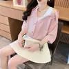 Camisa de Chifón con Retazos a Rayas Off-Shoulder Falsa de Dos Piezas, Fresca y Sencilla para Mujer, Nuevo Top de Verano de Talla Grande Holgado con Cuello Polo