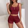 Pijama Feminina Sem Mangas Estilo Europeu e Americano, Regata Cavada com Botões Abertos no Peito e Shorts para Lazer, Conjunto Jacquard Canelado, Estilo Preguiçoso