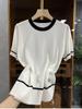 ¡Ropa Zhengqite/Lana Suave y Seda! Top de punto de manga corta en color de contraste para mujer 5A993