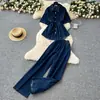 Traje Casual de Mezclilla Verano Cordón Cuello Polo Camisa Top Cintura Elástica Pierna Ancha Corte Ajustado Traje de Verano para Mujer