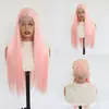 Peluca completa de fibra sintética mate de alta temperatura para mujer, cabello largo y liso color rosa claro, con malla frontal 13*4, media atada a mano