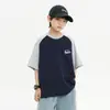 Camiseta de Manga Corta Estilo Japonés para Niños Verano 2026 Nueva Infantil Bloques de Color Manga Raglán Estampado de Patineta Moda Camiseta Trendy para Niños