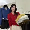 Cardigan de tricô aberto cinza estilo coreano com gola alta, macio e confortável, para mulheres, jaqueta suéter de manga comprida para outono, top curto