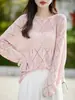 Blusa de Verão Transfronteiriça de Linho Ombro a Ombro com Renda e Padrão de Diamante, Solta, de Manga Longa para Mulheres, Camisa Elegante e Fresca com Proteção Solar