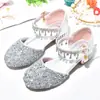 Zapatos para Niñas Primavera y Verano Performance Infantil Estilista Plateado Zapatos de Cristal Espectáculo en Escenario Tacones Altos Vestido de Princesa Zapatos de Piel