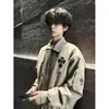 Chaqueta de Cuero con Cuello Cruzado High Street para Hombre, Marca Trendy de Primavera, Estilo Retro Maillard, Abrigo de Algodón con Cuello de Piel para Hombre, Invierno
