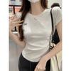 Camiseta de verano de manga corta con lazo bordado en los hombros, color blanco, plisada y cintura alta, para mujer.