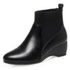 Botas de cuña con punta redonda para mujer, botines de tacón medio con forro polar, de cuero, para madres, primavera y otoño, 2024