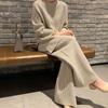 Conjunto de Punto Canalé Estilo Holgado Perezoso Otoño e Invierno Nuevo Sweater Cruzado Dividido Pantalones de Pierna Ancha Conjunto de Dos Piezas