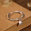 Anillo Abierto de Plata de Ley S925 con Diseño de Ciervo Plateado Mate Texturizado Personalidad Retro Hoja de Bambú Bambú Simple para Mujer