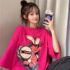 Camiseta Feminina de Verão Coreana Dongdaemun Nova Estampada Solta Tamanho Grande Comprimento Médio Gola Redonda Manga Curta Tops Estudantis