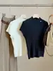 Camiseta de punto para mujer estilo coreano, cuello alto, hilo plateado texturizado, manga corta, para principios de otoño, corte ajustado, acanalada, base que reduce la edad