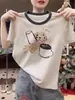 Camiseta de Manga Corta para Mujer con Bloques de Color, Algodón Puro, Moderna y Versátil, Rejuvenecedora y Adelgazante, Top Gris Floral Ligero para la Moda de Verano