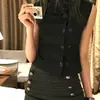 Estilo Y2K Chaleco Negro Puro de Mujer con Cuello Alto sin Mangas, Doble Botonadura, Ceñido a la Cintura, Corte Ajustado, Top Corto Versátil para Streetwear