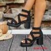 Sandalias de mujer de punta abierta con tacón grueso de talla grande transfronterizas, sandalias romanas de tiras cruzadas de moda con cremallera trasera y tacones altos de plataforma impermeables
