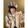 Chapéu Beret Cartoon Retro Fofo de Urso com Óculos e Chapéu Octogonal para Mulheres Outono e Inverno Xadrez Moda Versátil Artístico
