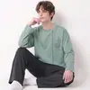 Pijama para hombre al por mayor transfronterizo, algodón puro, otoño e invierno, manga larga, cuello redondo, a rayas, casual, talla grande, conjunto de ropa de casa para hombre