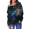 Top transfronterizo con estampado de loro 3D Ropa nueva europea y americana para mujer Suéter off-shoulder para mujer Top off-shoulder para mujer Camiseta básica Mujer