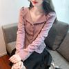 Camisa Feminina Manga Longa Gola V Estilo Francês 2024 Início da Primavera Nova Única Chique Top Curto Estilo Oeste Camisa Carabina