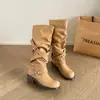 Foto real~Botas de cavaleiro com fivela de circunferência grande femininas 2026 Outono/Inverno Novo Preto Bico Redondo Longas Enrugadas Femininas