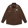 Camisa de Manga Longa Divertida Cartoon Bordada Retro Americana Vintage Masculina Solta Estilo Preppy Café Casual